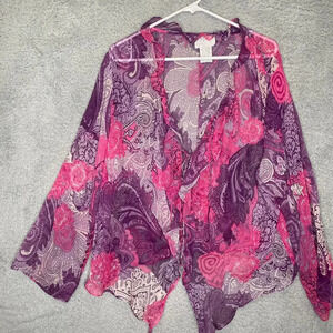 Vision Apparel womens 2X pink ruffle sheer 100% silk button top flowy light y2k